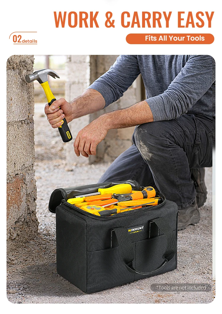 12-Zoll-Werkzeugtasche aus strapazierfähigem Oxford-Gewebe mit mehreren Taschen für Heimreparaturen, Heimwerker, Elektriker, Baustellen – Detail 4