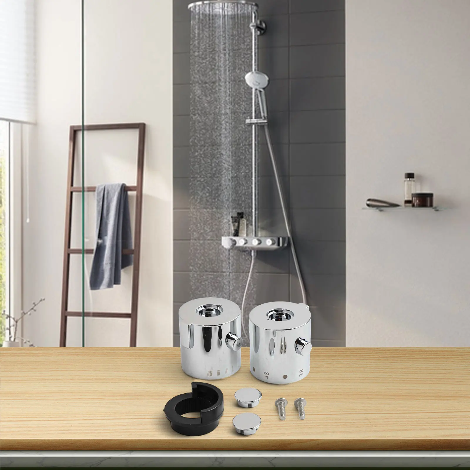 Thermostatic Shower Temperature Control Handle Set of 2 for Shower Mixers with 24 Teeth and 9mm Spindle Diameter