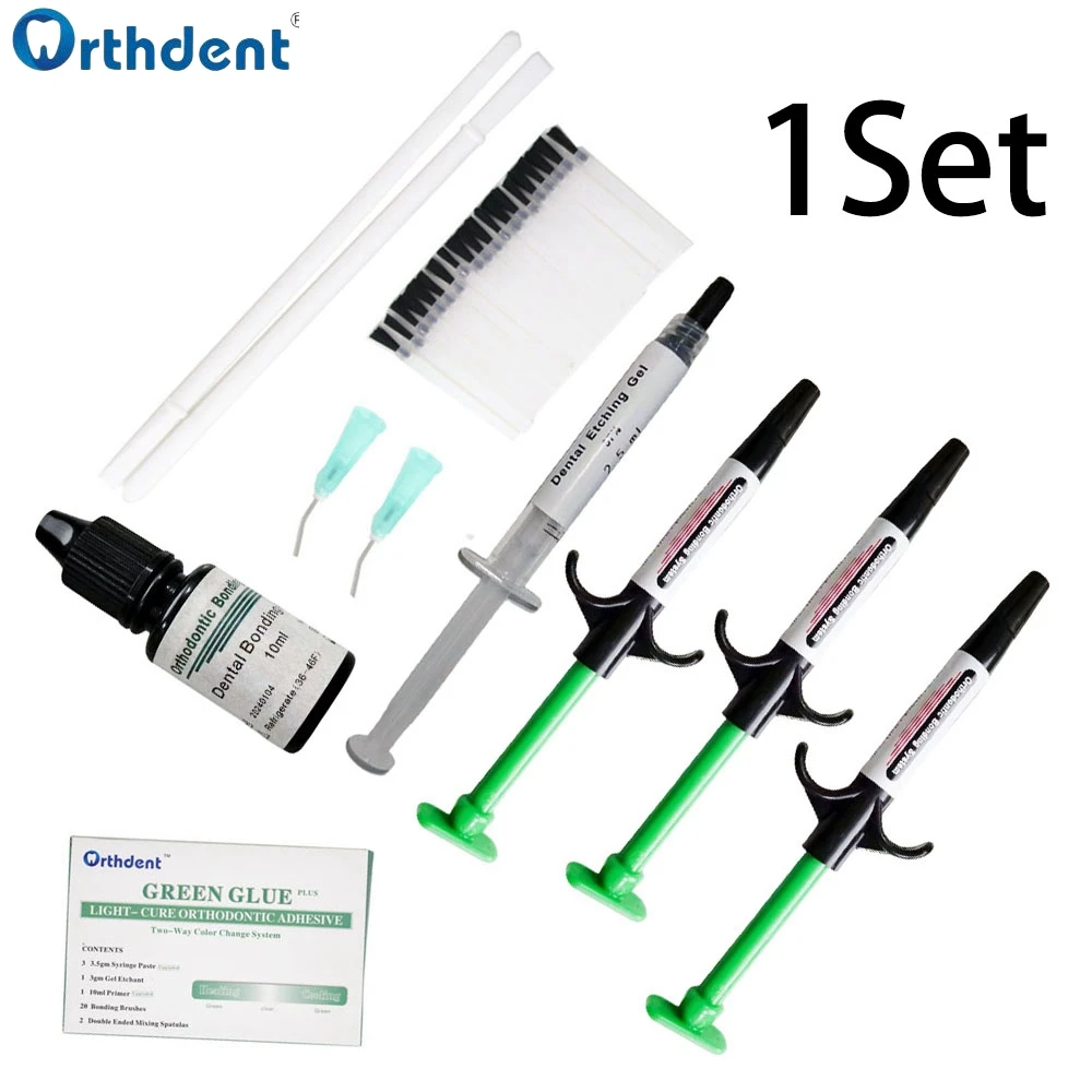 1Set Dental Orthodontic Adhesive Kit Green Glue NO-MIX Light Cure Brackets Bonding System For Orthodontic Dentistry Materials