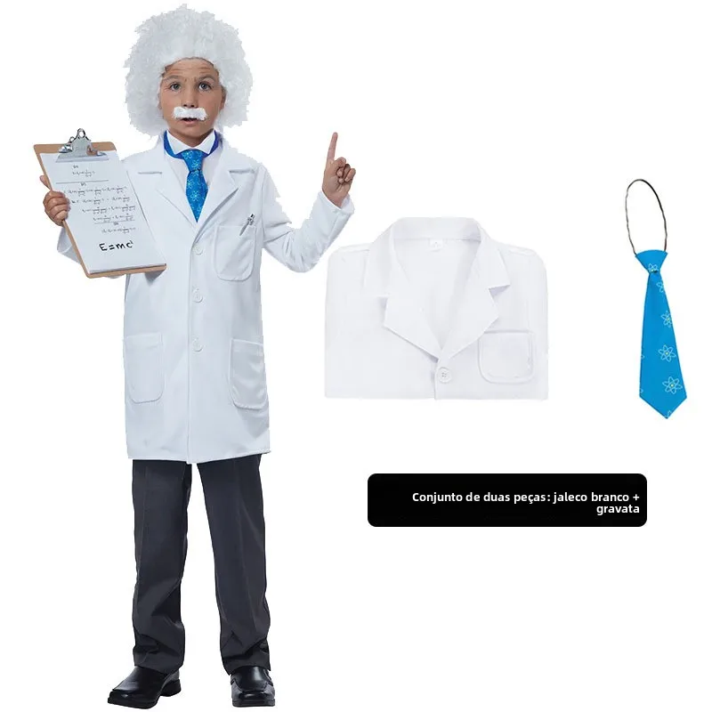 Fantasia de Halloween para Crianças: Jaleco Branco de Cientista Einstein para Apresentações Teatrais, 100% Poliéster, Traje T...