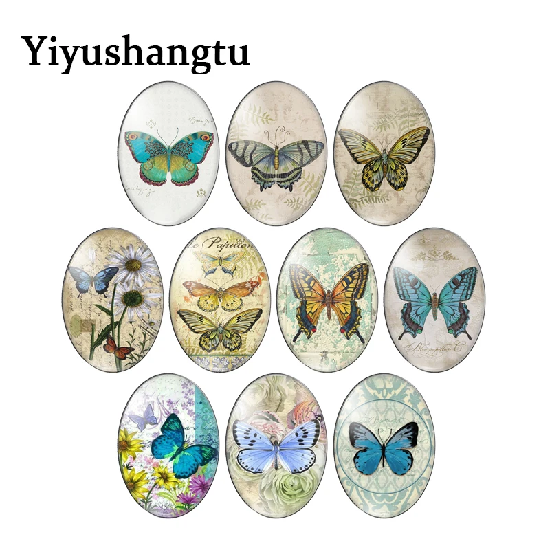

Vintage Butterfly with flower Paint 10pcs mixed 13x18mm/18x25mm/30x40mm Oval photo glass cabochon demo flat back Making findings