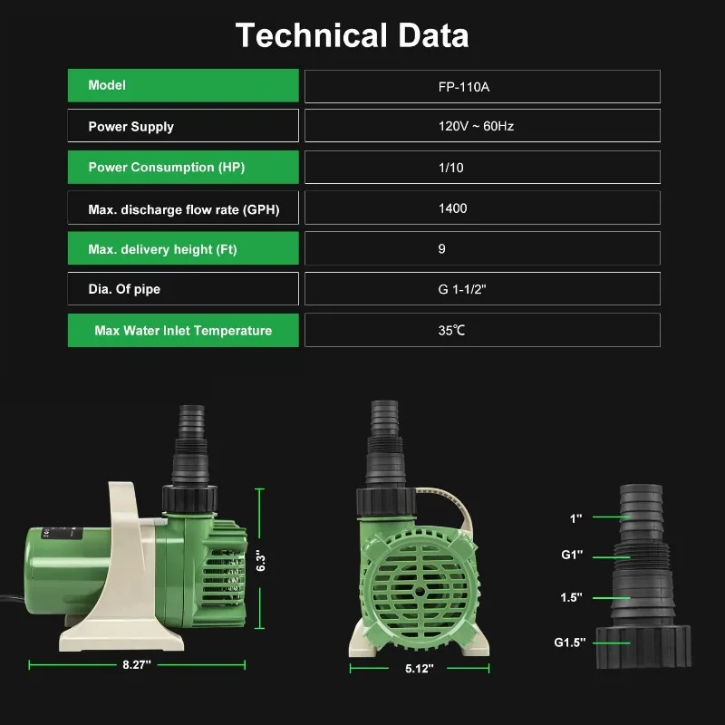 1/10HP Pond Pump1400GPH Submersible Water Pump with 9ft High Lift for Fish Tank, Pet Fountain, Garden, Hydroponic, Statuary