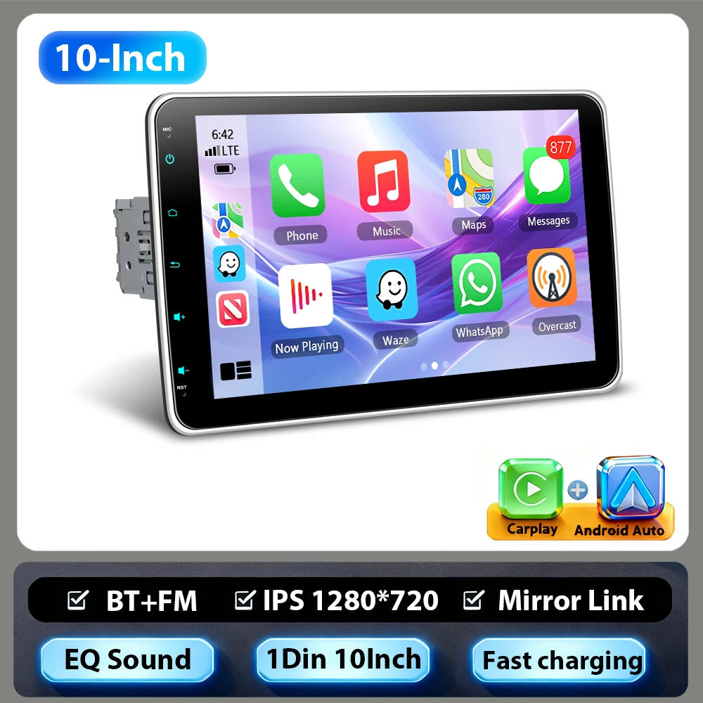 Podofo Universele 1DIN 10 inch Verstelbaar Touchscreen MP5 Autospeler BT FM RDS Autostereo Carplay Android Auto Kleurrijke Achtergrondverlichting