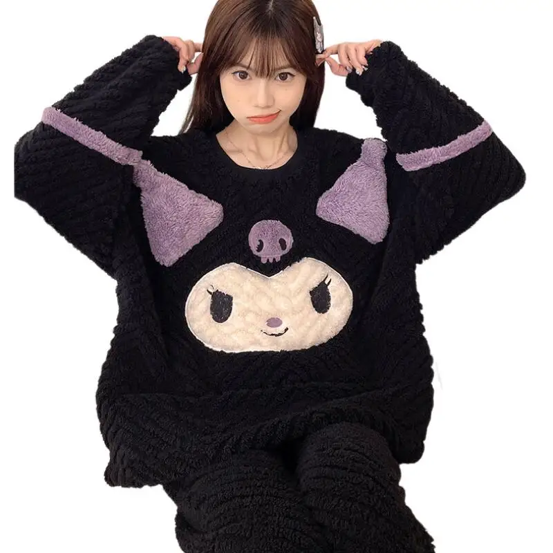 Sanrio nuevo estilo pijamas 2 uds Kuromi Coral franela ropa de hogar Otoño e Invierno franela agregar franela gruesa conjunto Casual caliente