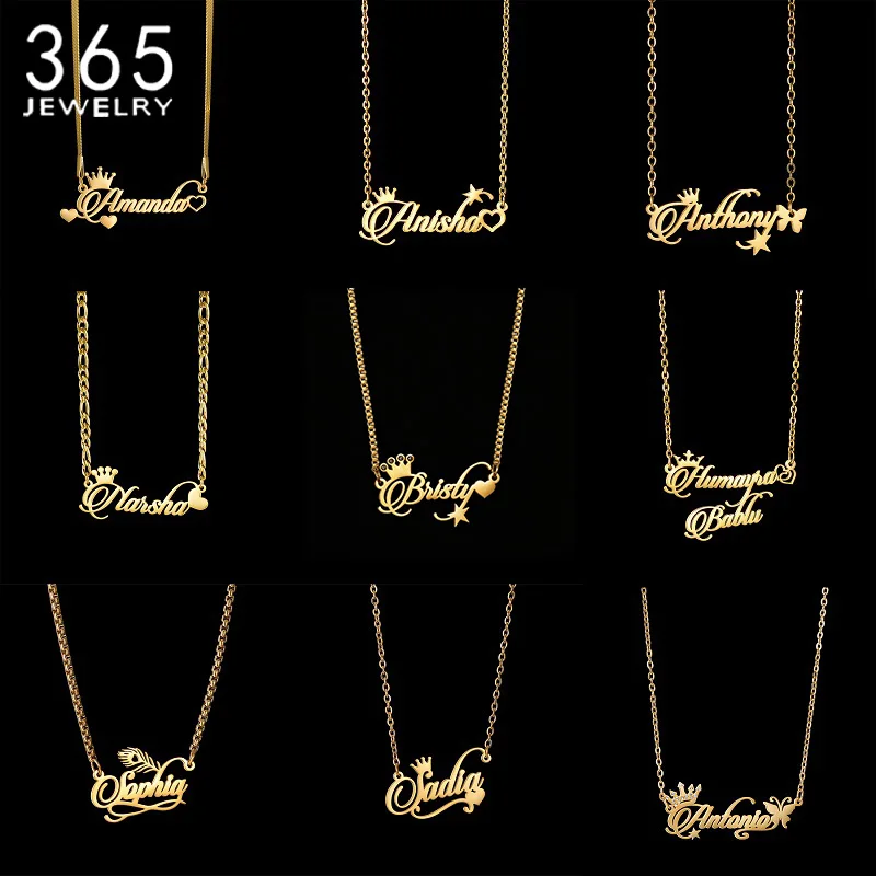 Collier personnalisé en acier inoxydable avec plaque nominative et breloque couronne/cœur/étoile pour femme, cadeau d'anniversaire