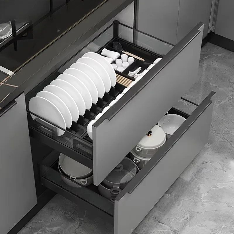 Drawer Dishes and Baskets Aluminum Pull-Out Dishes Drawer Baskets Multifunctional Kitchen Cutlery Storage