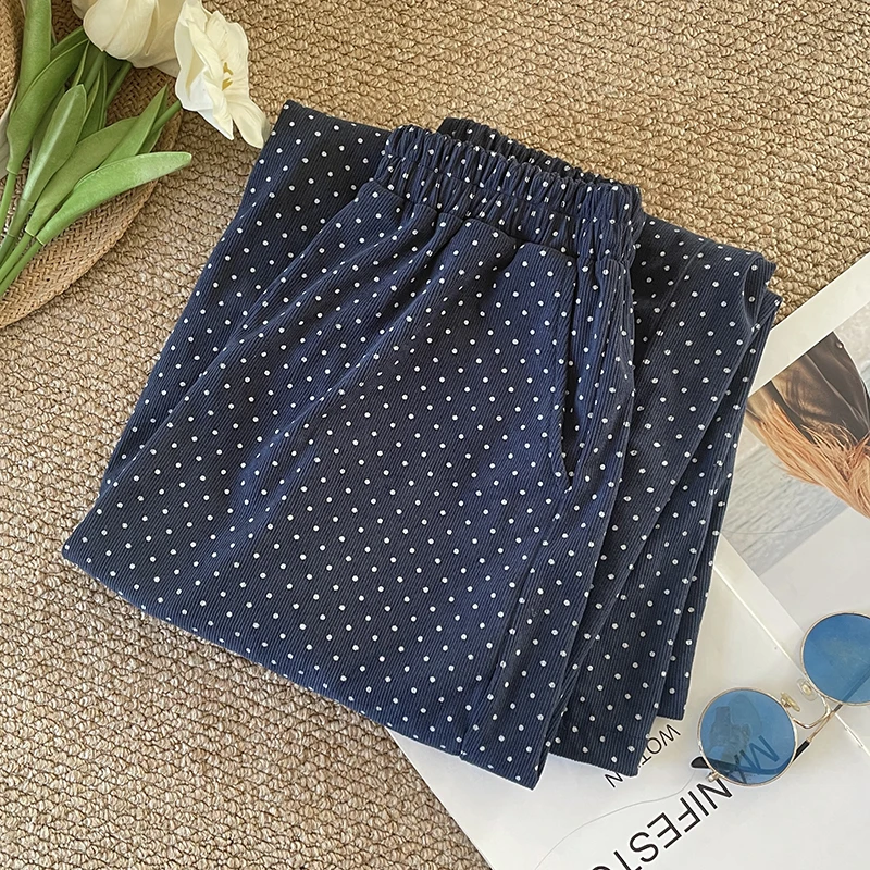 Pantalon décontracté en velours côtelé bleu à pois, taille haute, jambes longues et droites, coupe ample, fin, nouvelle collection printemps automne