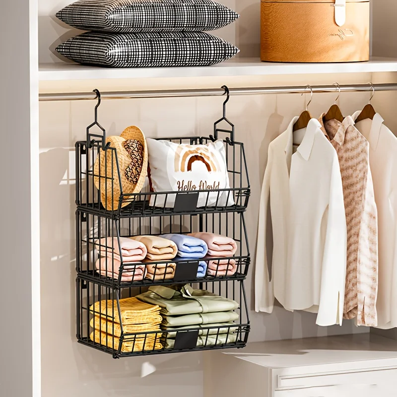

1/3-tier Stackable Storage Baskets, Foldable Hanging Baskets, Large-capacity Storage Baskets, Hanging Wardrobe Storage Racks