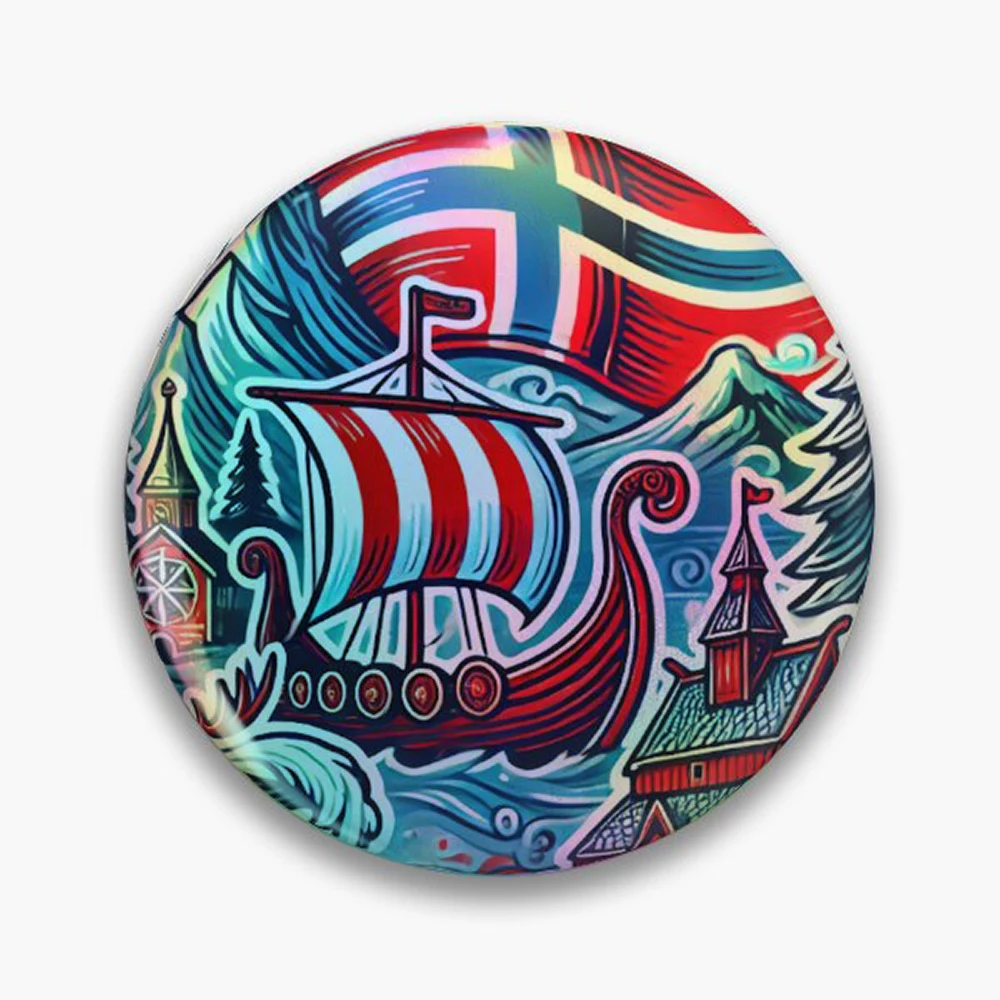 Norway Reindeer Viking Souvenir – Nordic Travel Art Pin Holographic Star Heart Pin Brooches Laminated Button Fashion Accessory