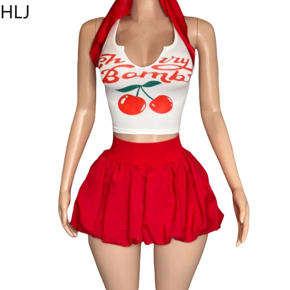 HLJ Y2K Cherry Printing 2 Piece Sets Outfits Baddie Bubble Skirts Sets Tank Top And Puffy Mini Skirt Cute Sexy Sets INS Trendy