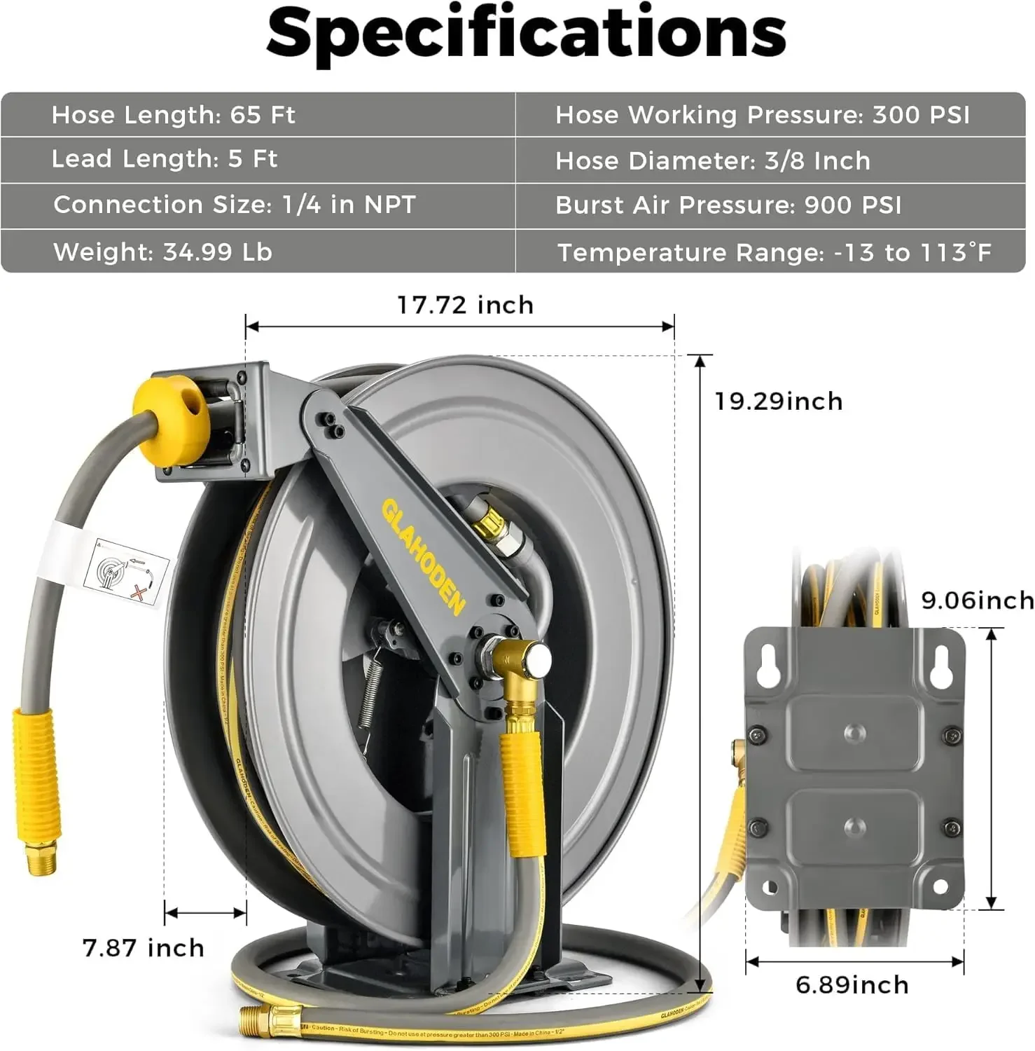 Double Arm Retractable Air Hose Reel, 3/8 in × 65 ft Hybrid Hose Heavy Duty Steel Professional Air Compressor Hose Reel with 5 f