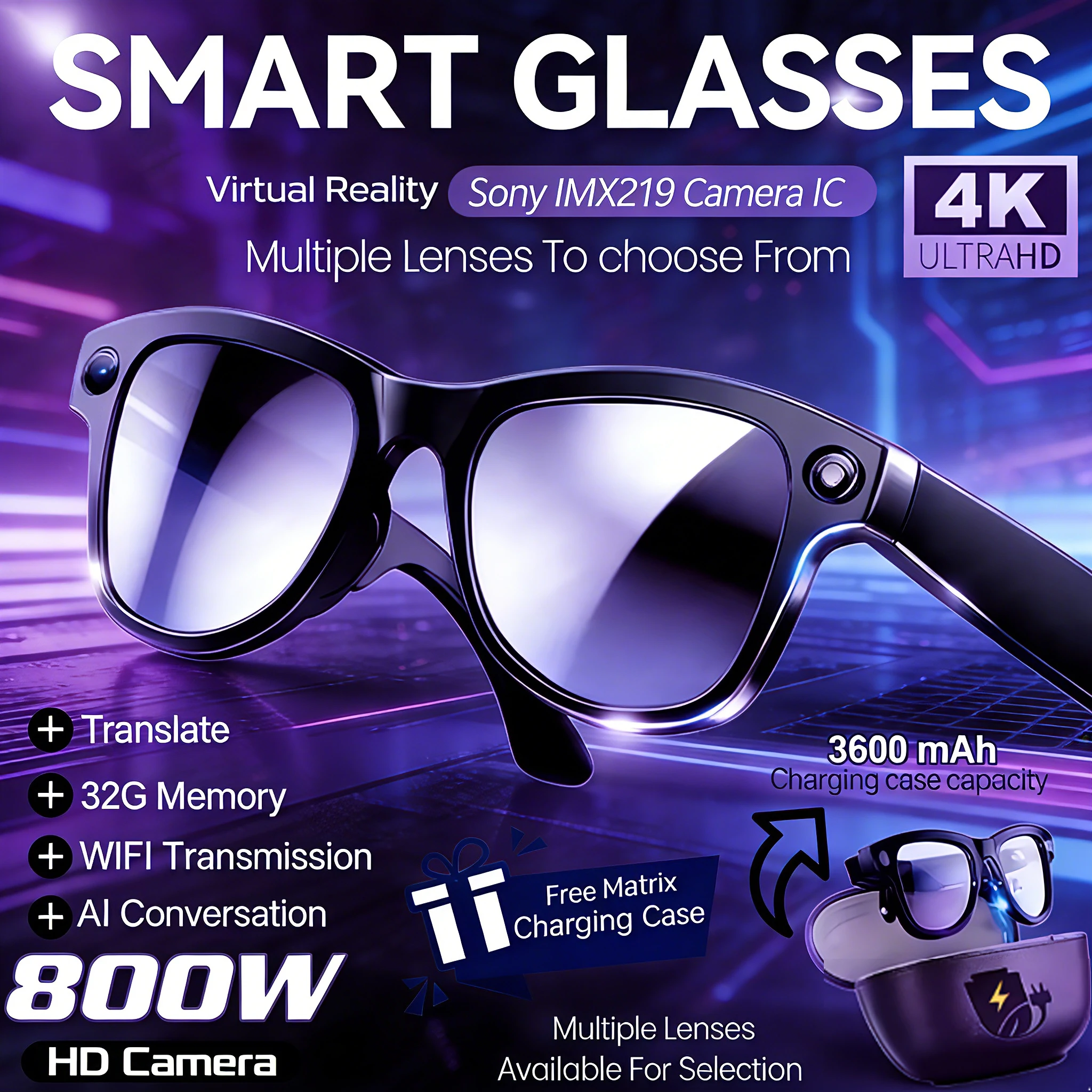 

NEW Ultra AI Smart Glasses 1200P Camera ChatGPT Voice Assistant 32GB Storage Real-time Translation Bluetooth Music Sunglasses