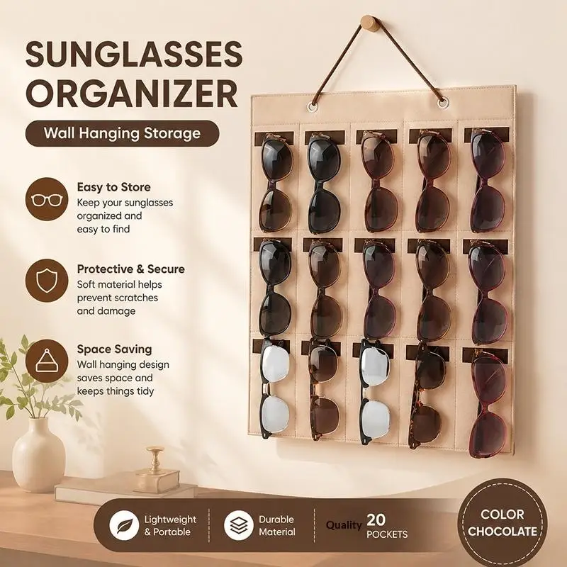 Felt Hanging Sunglasses Organizer 15 Slots Premium Leather Strap Non-Scratch for Bedroom Closet Door Eyewear Display