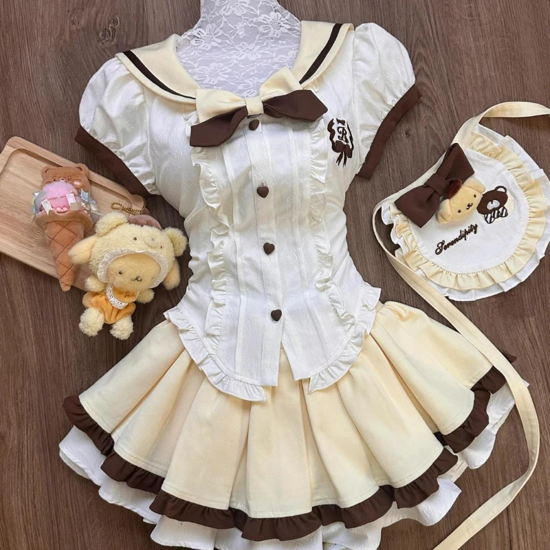 Conjunto de falda estilo japonés dulce Lolita para mujer, camisa con lazo y cuello de marinero Kawaii, Falda plisada bonita Y2k con delantal, minifalda, traje