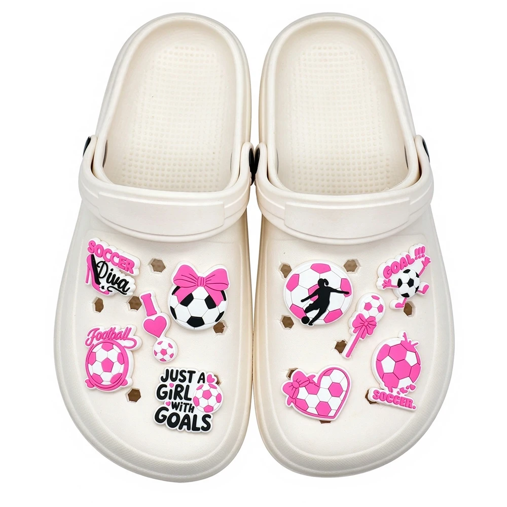 12/22PCS Cartoon Pink Football Girl Shoe Charm Wholesale PVC Wristband Bag Decor Buckle Detachable DIY Waterproof Party gift