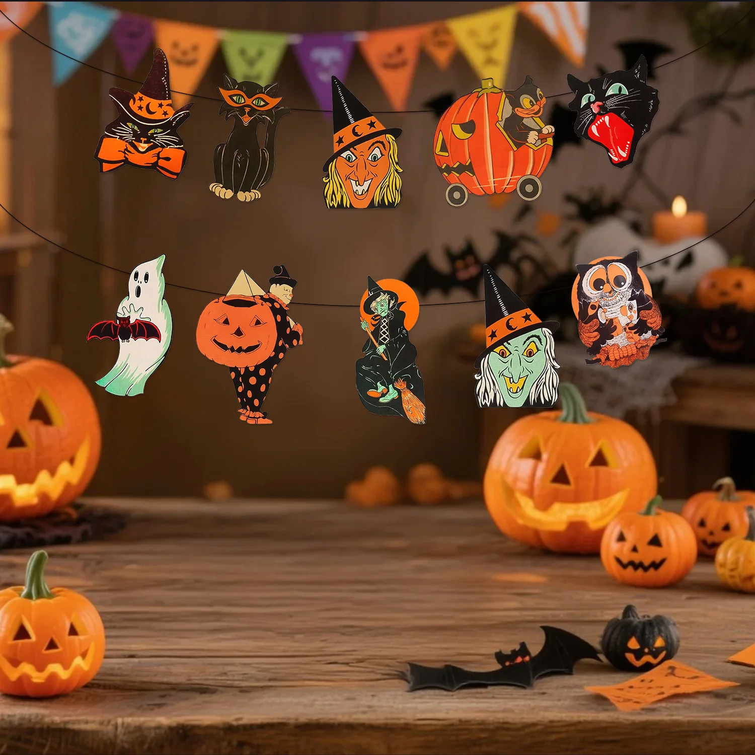 Vintage Halloween Kürbis Schwarze Katze Hexe Eule Hängende Banner Dekorationen Halloween Trick or Treat Heim Wand Party Festival Zimmer – Detail 1