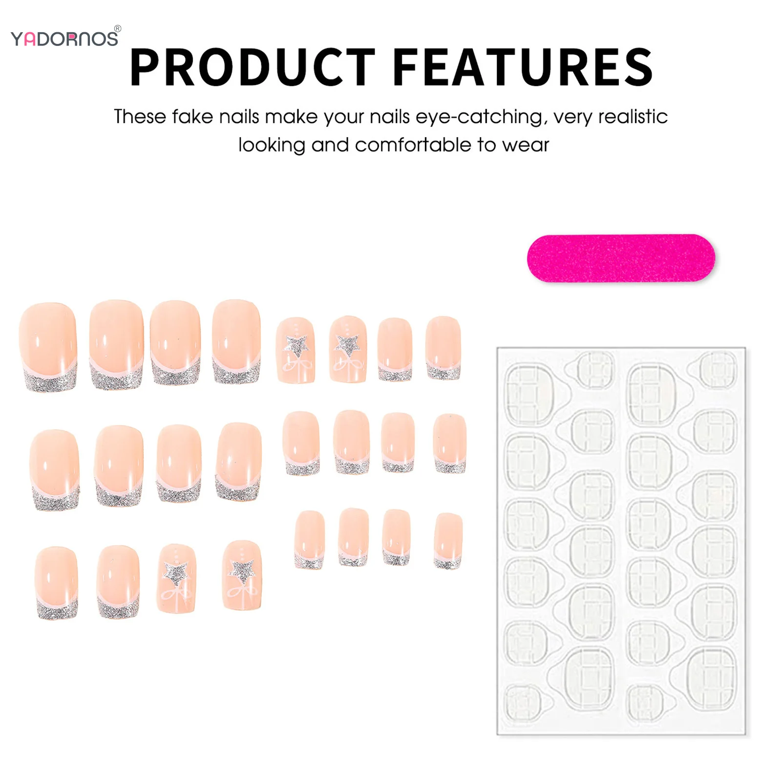 Naakt kleur vierkante nepnagels voor kerstfeest zilveren Franse pers op nagels ster/strik ontwerpen herbruikbare kunstnagels patches