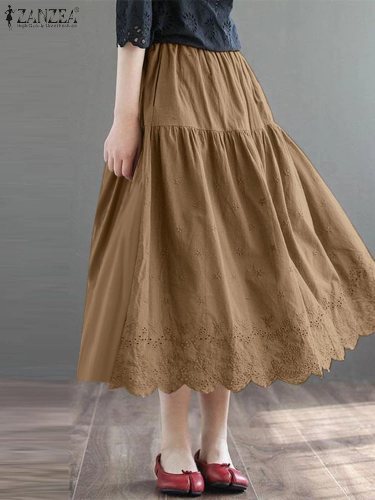 ZANZEA-Robe Midi Brodée pour Femme, Tenue Décontractée, Coupe Trapèze, Ajourée, Mode Coréenne, Taille artificiel astique, Vintage, à Volants, 2024