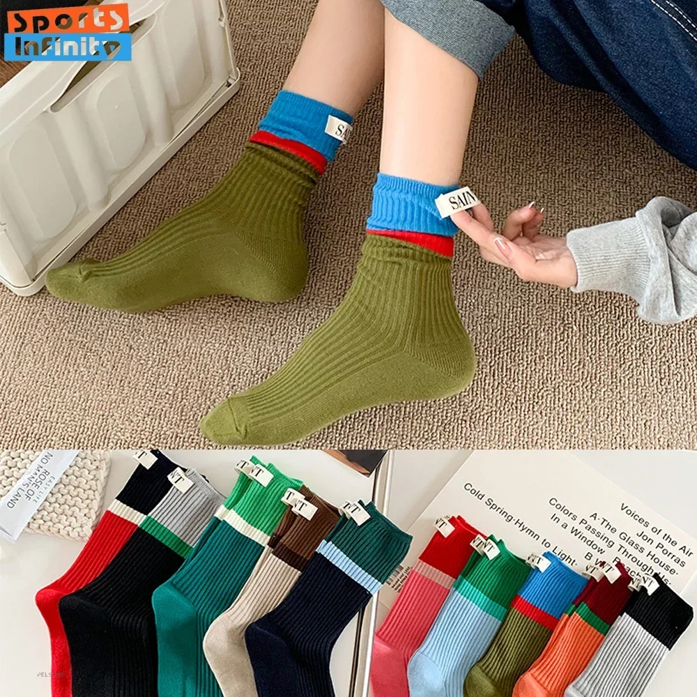 Women Korean Colorblock Mid Calf Socks Letter Label Ribbed Slouch Crew Streetwear Skateboard Cotton Socks