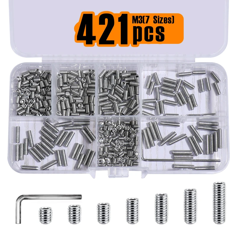 421 Pcs Set Screws Assortment Kit, 7 Sizes Included, M3 Metric & SAE Allen Set Screws for Plumbing, Bathroom Fixtures, Door Knob