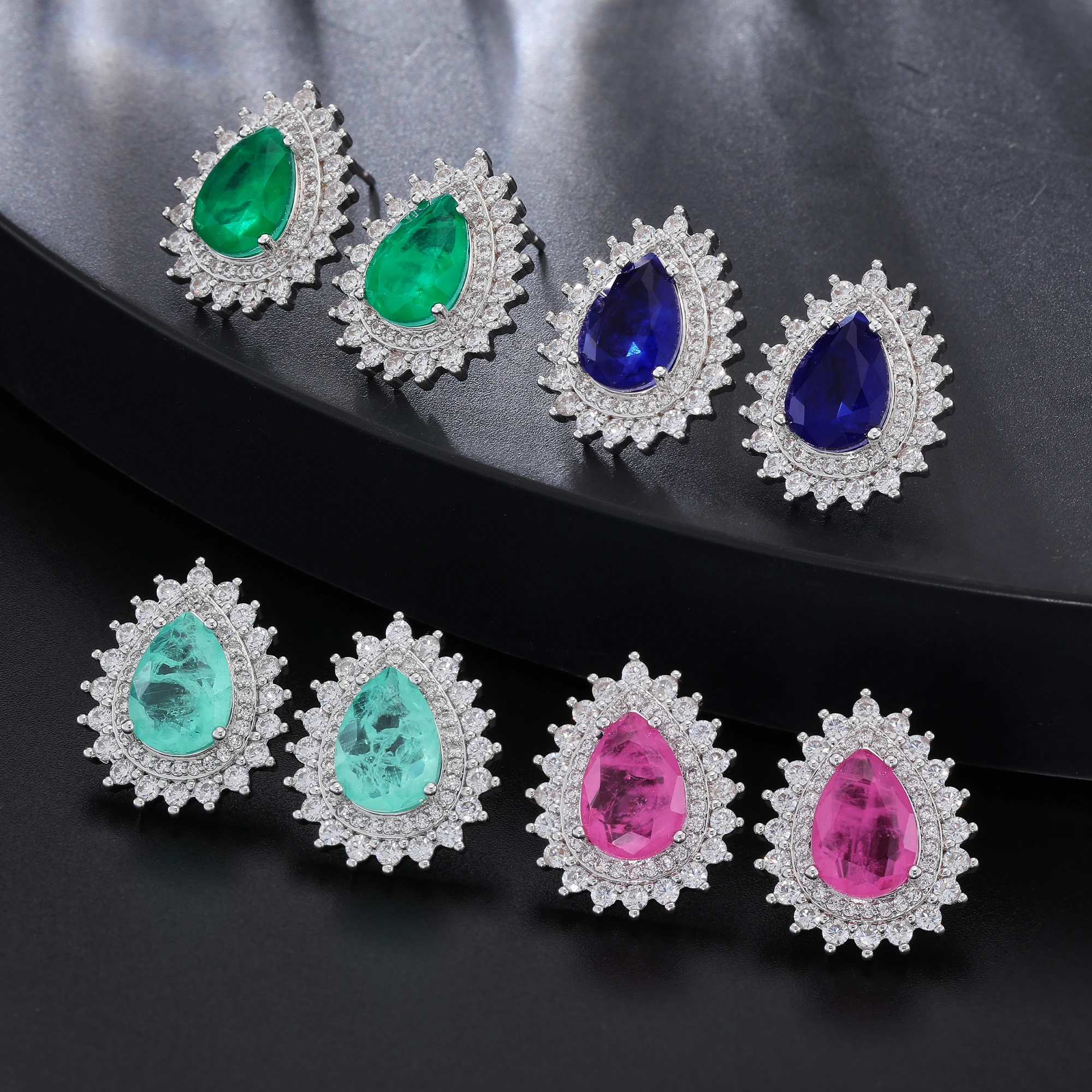 

Luxury Four Color Earrings Pear Shape Fusion Stone White Gold Plated For Women's Jewelry