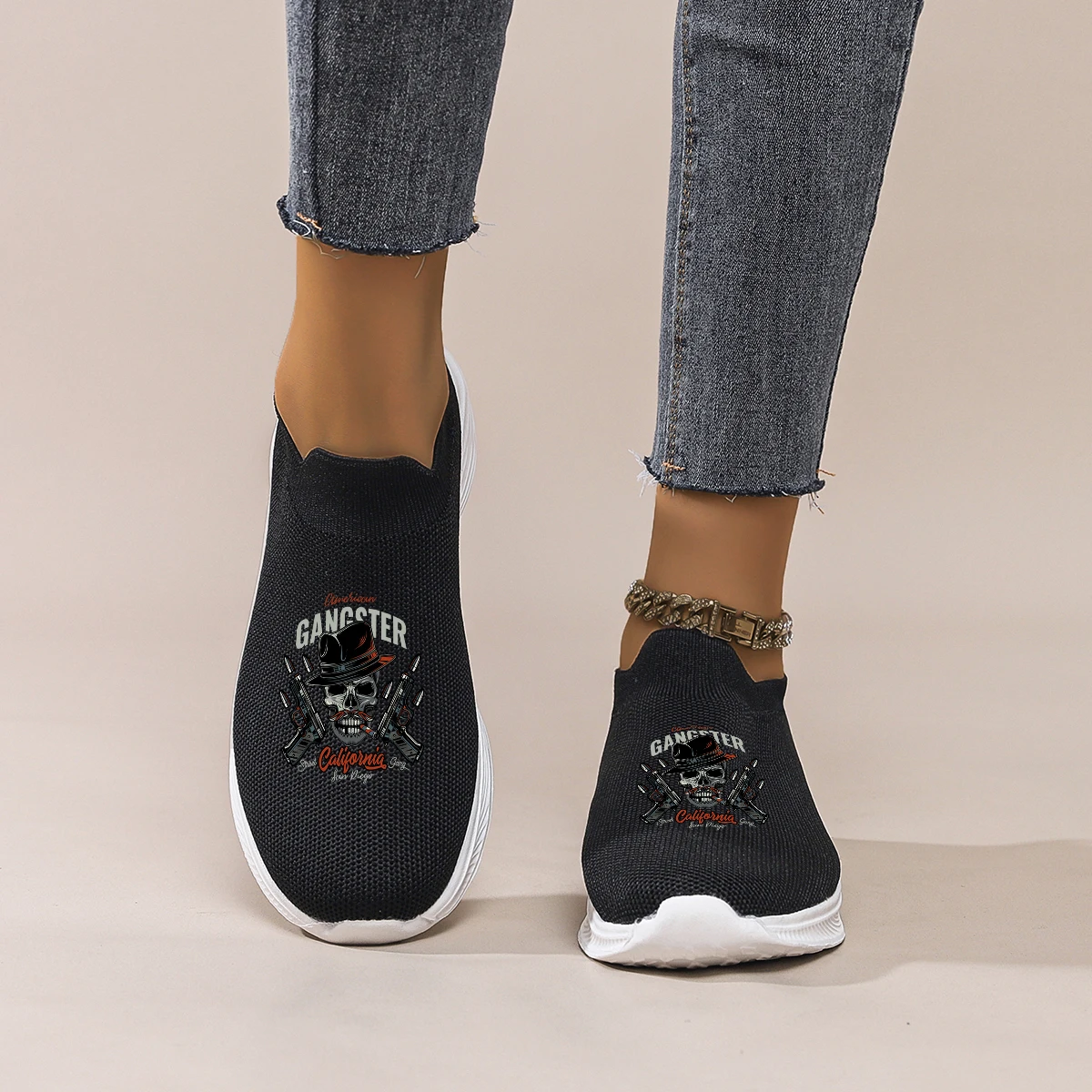 

Women's Black Mesh Slip-On Casual Shoes with Skull Graphic: Lightweight for Daily Wear. Pair with Jeans, Joggers & Hoodies.