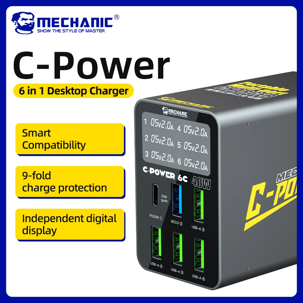 

MECHANIC 40W USB Charger 6-ports Type C Charging Station Multiple Devices Fast Charger Station Desktop For MacBook iPhone