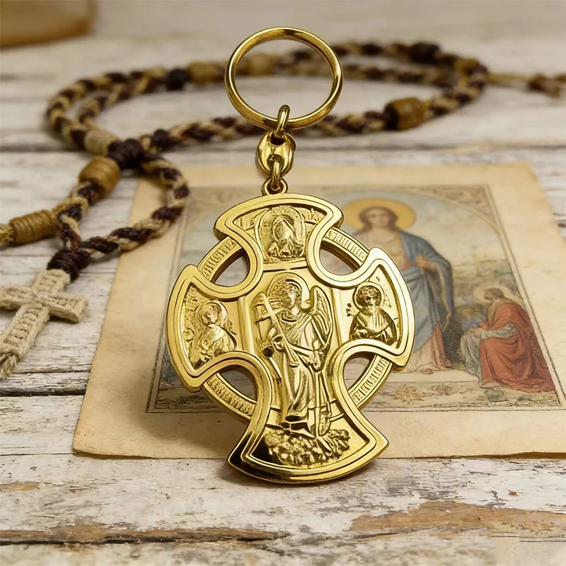 

Gold Plated Catholic Orthodox Celtic Cross Keychain with St Michael Archangel for Car Key Ring Religious Amulet Christian Gift