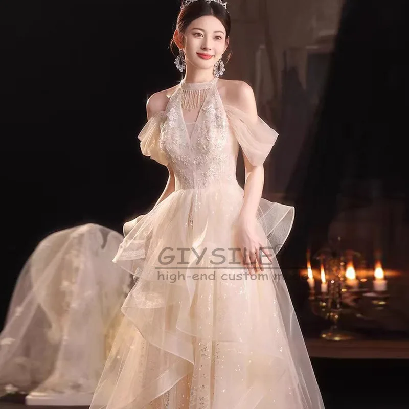 GIYSILE Aangepaste Avondjurk Mode Champagne Vrouwelijke 2025 Nieuwe Luxe Hangende Hals Pailletten Kwastje Temperament Feestjurken