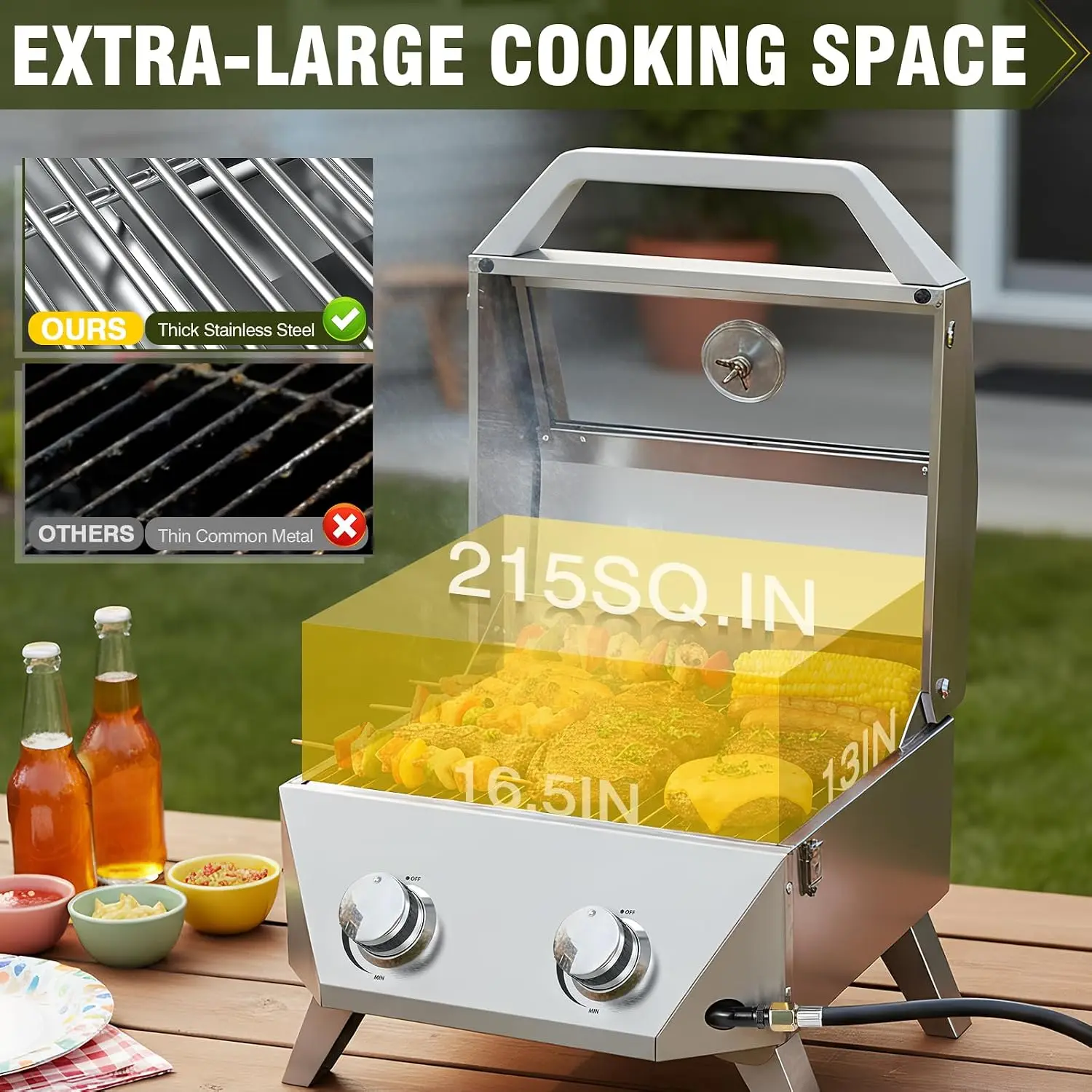Tabletop Gas Grill with 2 Burners & Viewing Glass Lid, 20,000 BTU Stainless Steel Portable BBQ Grill with Thermometer, Push-Butt