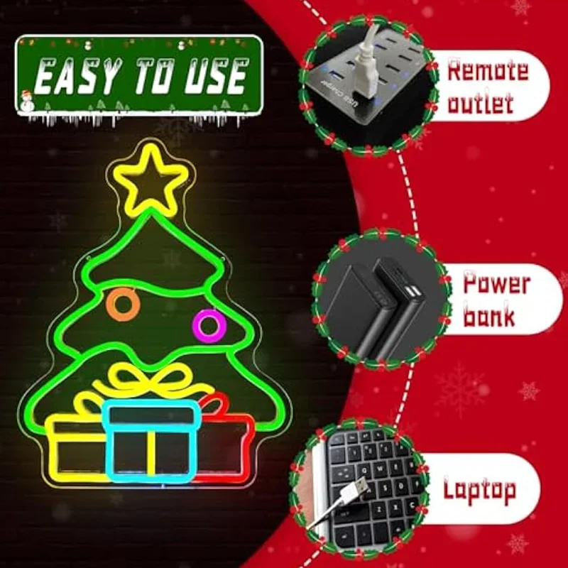 Kerst Neon Sign Boom Geschenkdoos Licht Decoraties Dimbaar LED Light Up Sign voor Wall Decor Party Kids Gift Winter Home