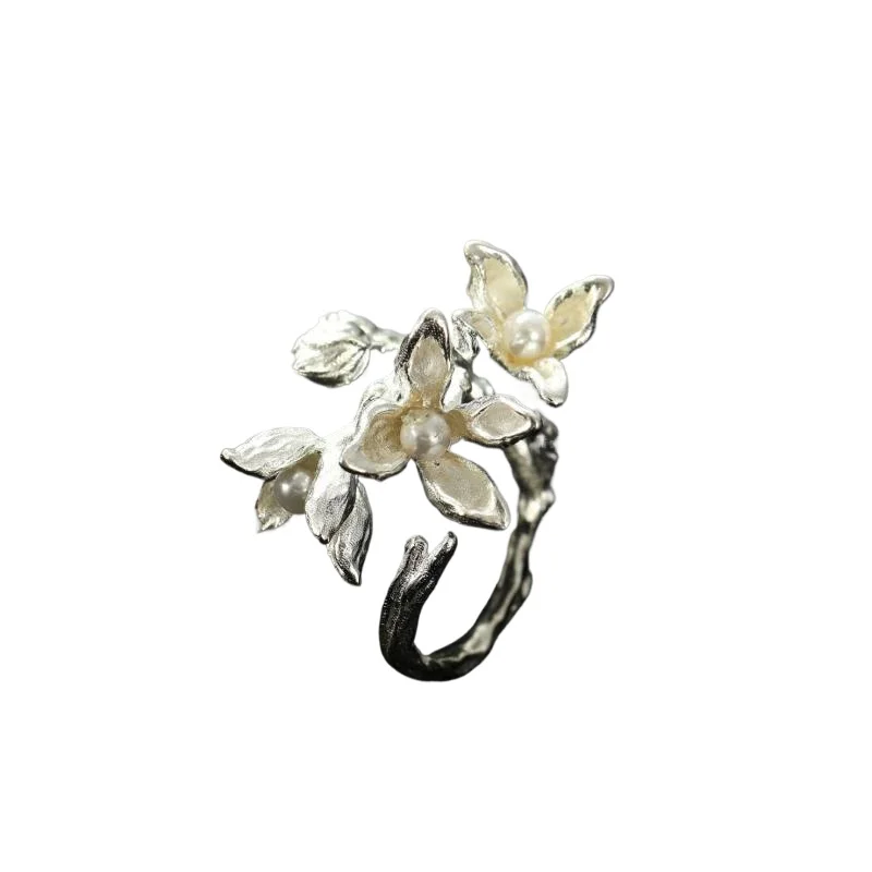 

New Chinese retro literary texture blue flower ring high-end temperament open ring
