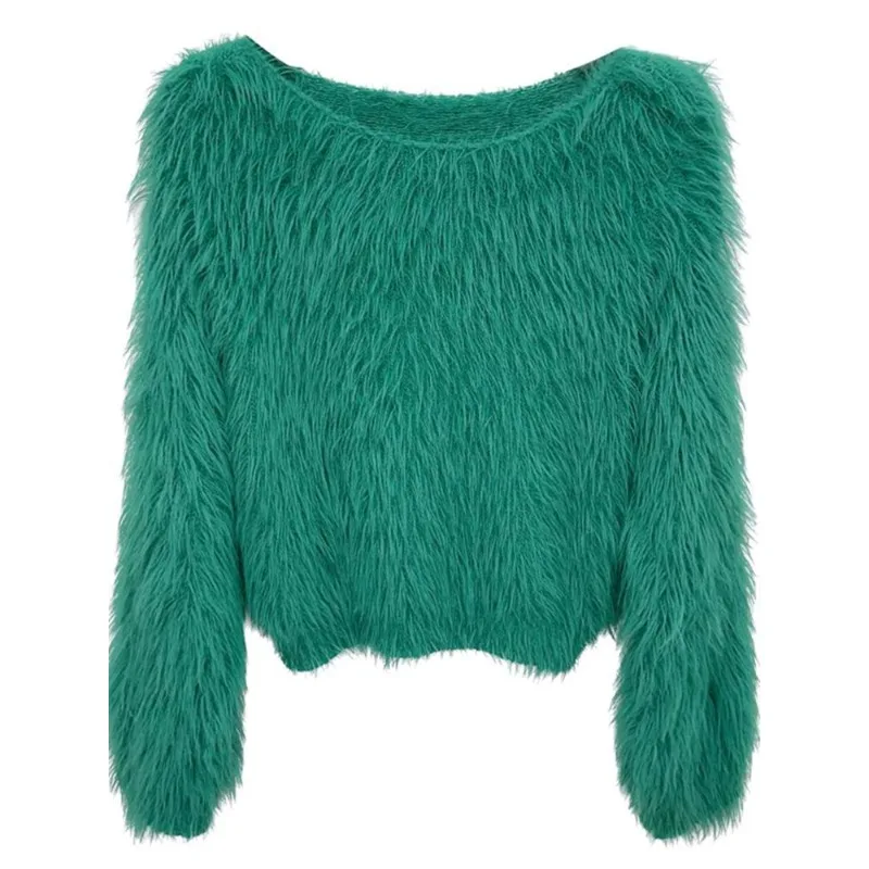 Design Off-shoulder Imitation Mink Fleece Sweater Women's Autumn Winter Soft Waxy Fluffy Knitted Sweater Long-sleeved Short Top