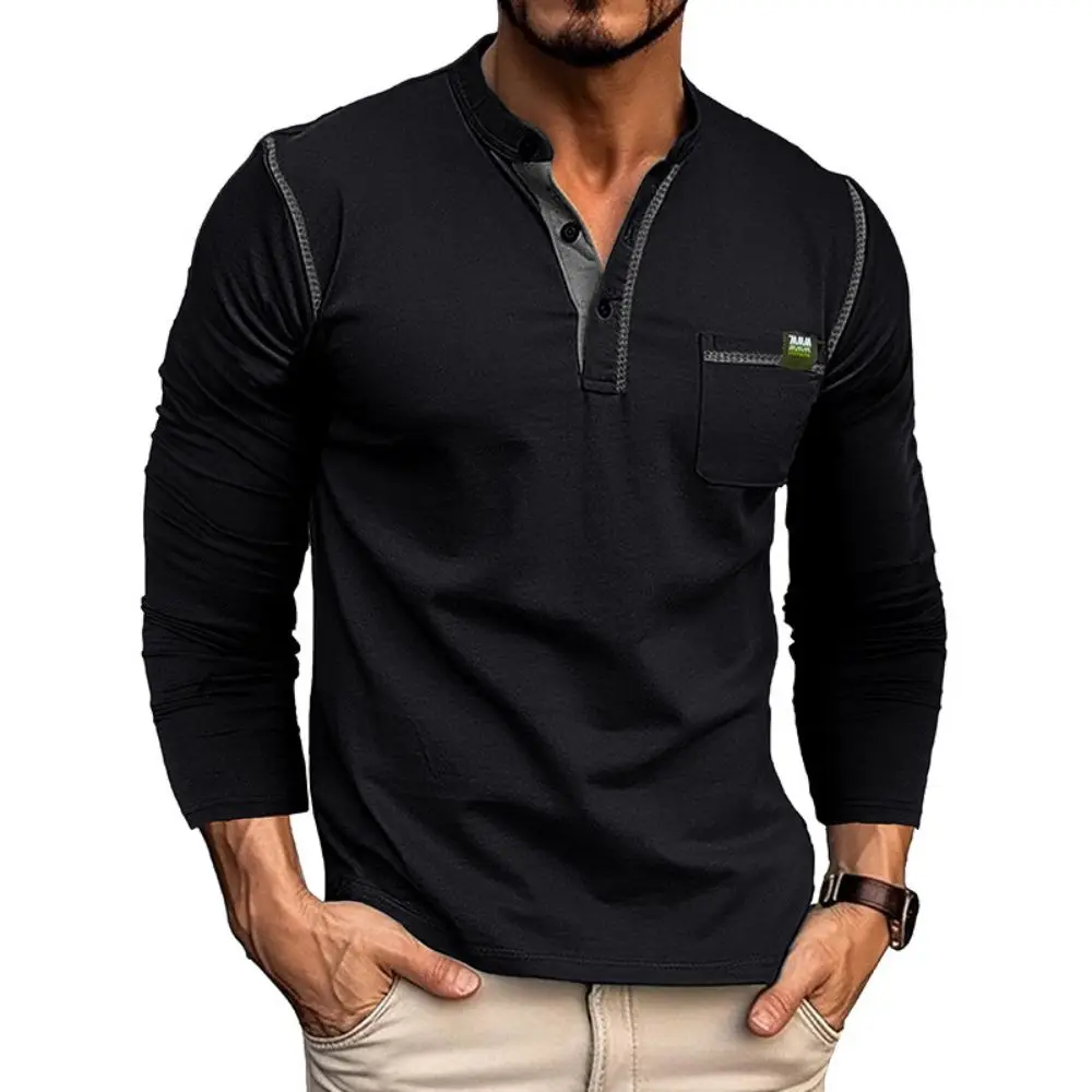 Men's Casual Cotton Long Sleeve Contrast Stitched Henley T-Shirt Europe America Male Classic Clothes Men's Top Collar Casual Tee