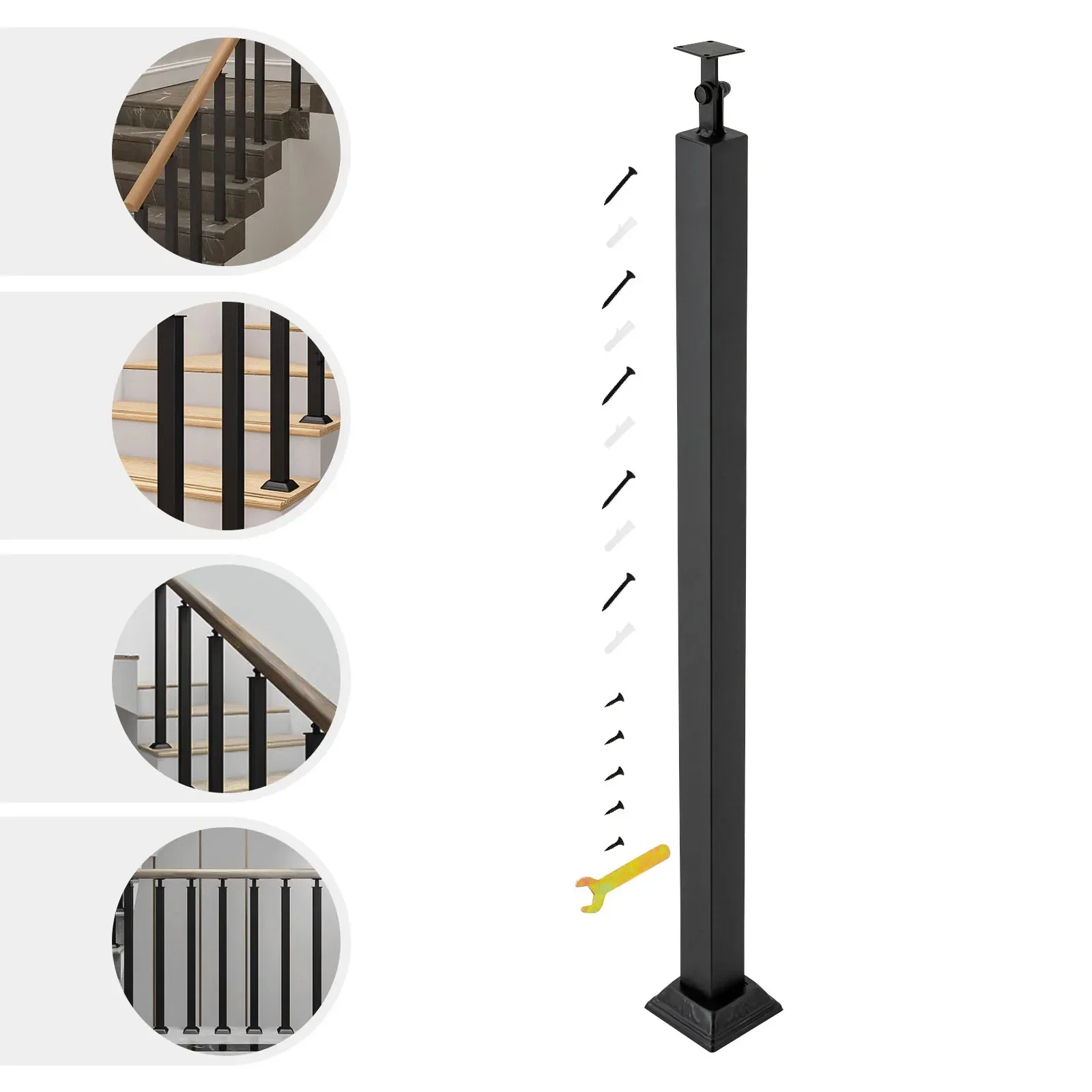 Stair Balusters Post, Banister Column for Steps, Black Square Metal Railing Spindles with Flat & Adjustable 270° Angle Bracket