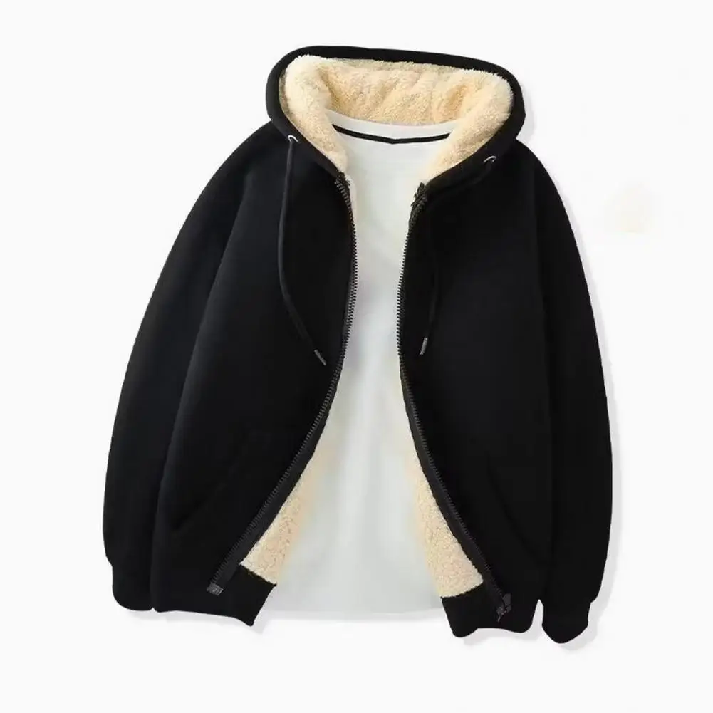 

Men Solid Color Fleece Jacket Men's Winter Hooded Fleece Jacket with Zipper Closure Lambswool Lining for Warmth for Autumn