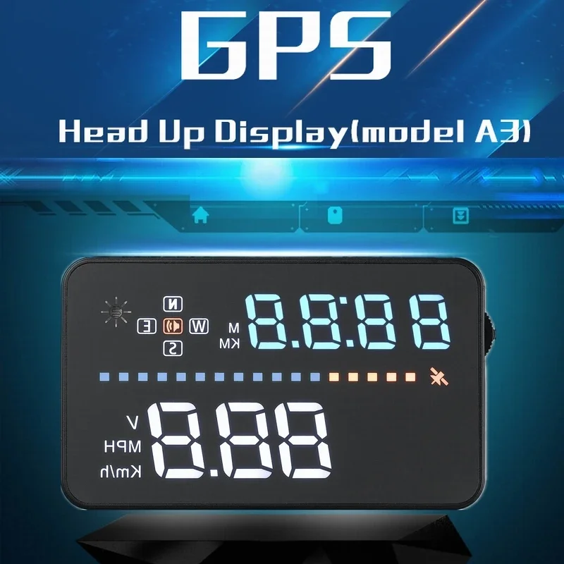 A3 HD Head Up Display GPS System Digital Speed Display MPH/KMH Over Speed Compass with Alarm for All Vehicles Windshield Project