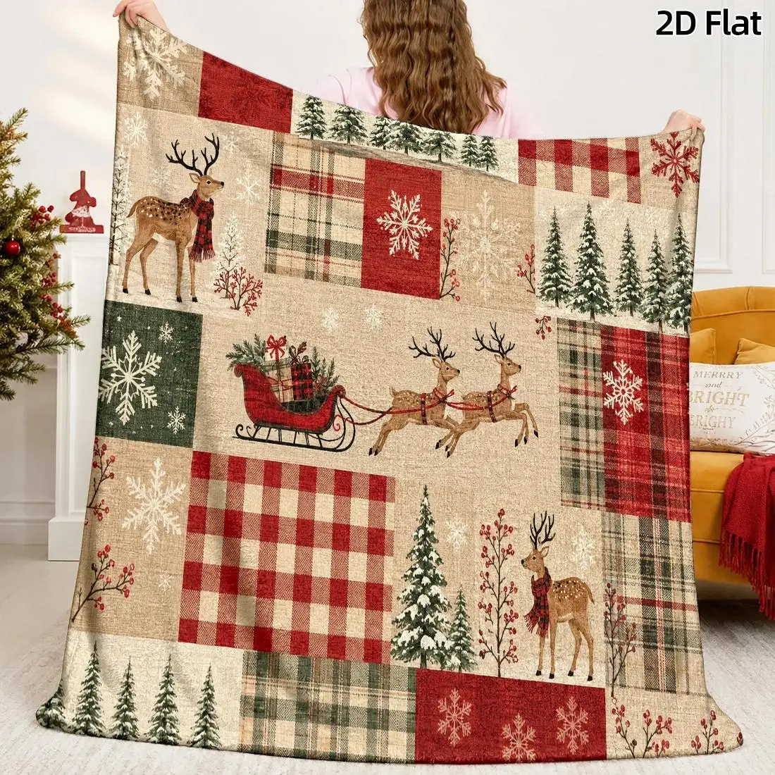 1pc 2D Flat Christmas Reindeer Sleigh Printed Throw Blanket, Light Soft All‑Season Machine‑Washable Blanket for Office Nap, Sofa
