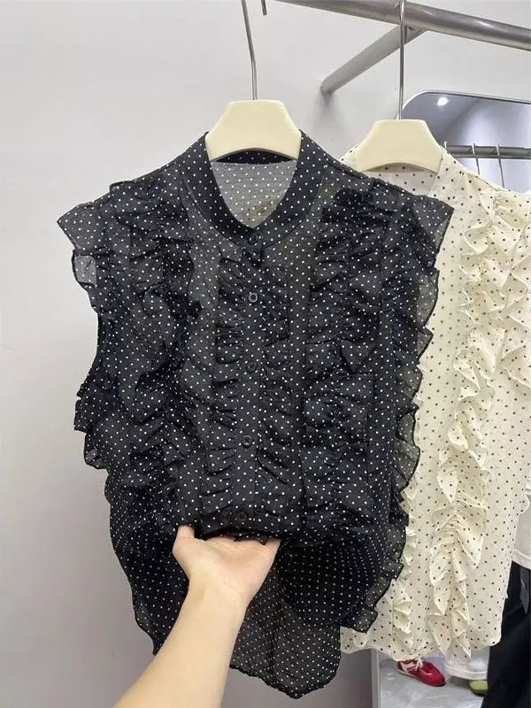 

Korean Sle Polka Dot Ruffle Svel irt Women Summer New Gentle Sle Small Size Transparent Top Thin Material Blouse