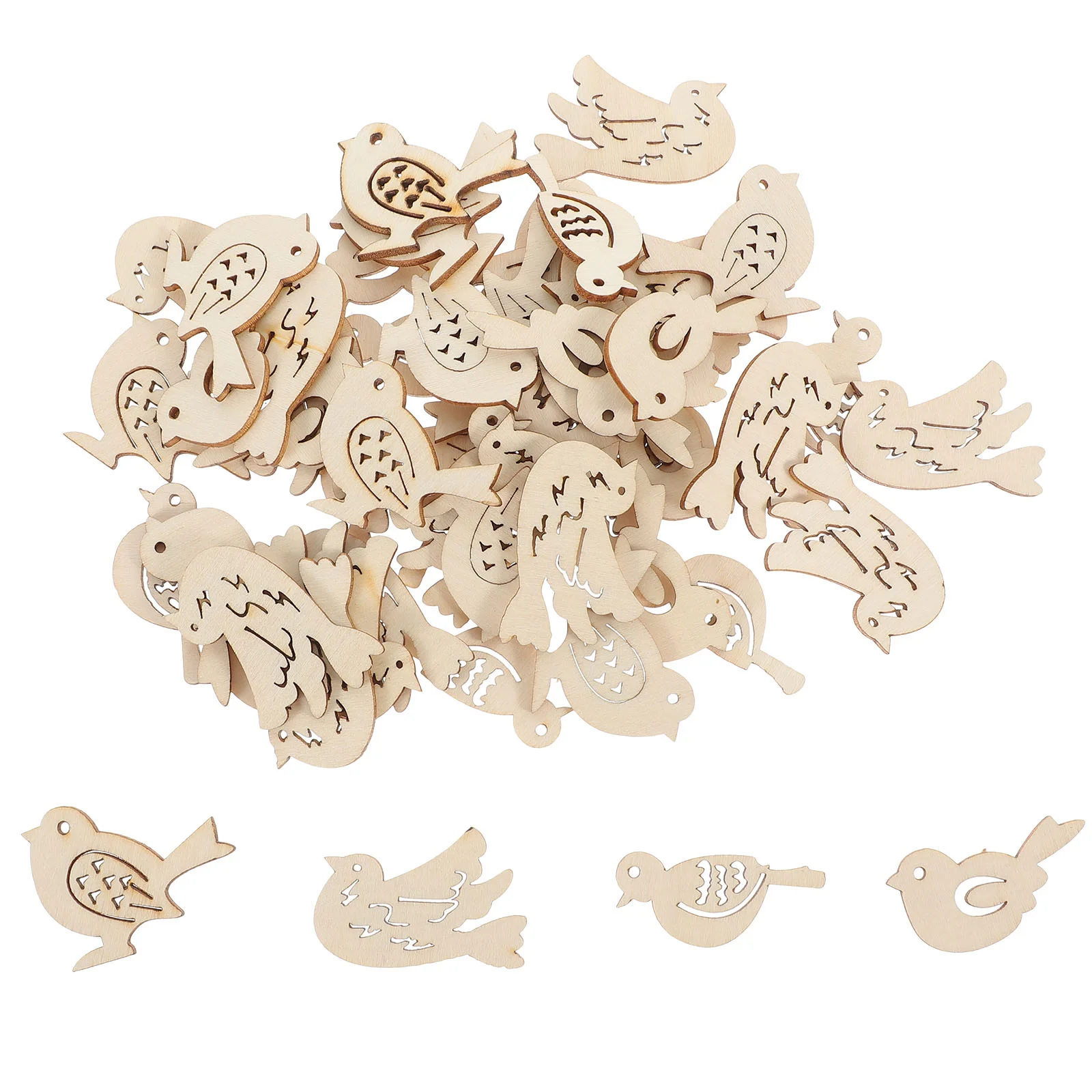 50 Pcs Wooden Bird Pendant Decorative Uncolored Chips Embellishments Mini Blank Unfinished DIY Crafts Handcraft Slice