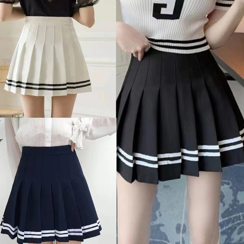 

Womens High Waist A-Line Pleated Mini Skirt Harajuku School Girl Uniform Double Striped Print Casual Short Skater Skirts