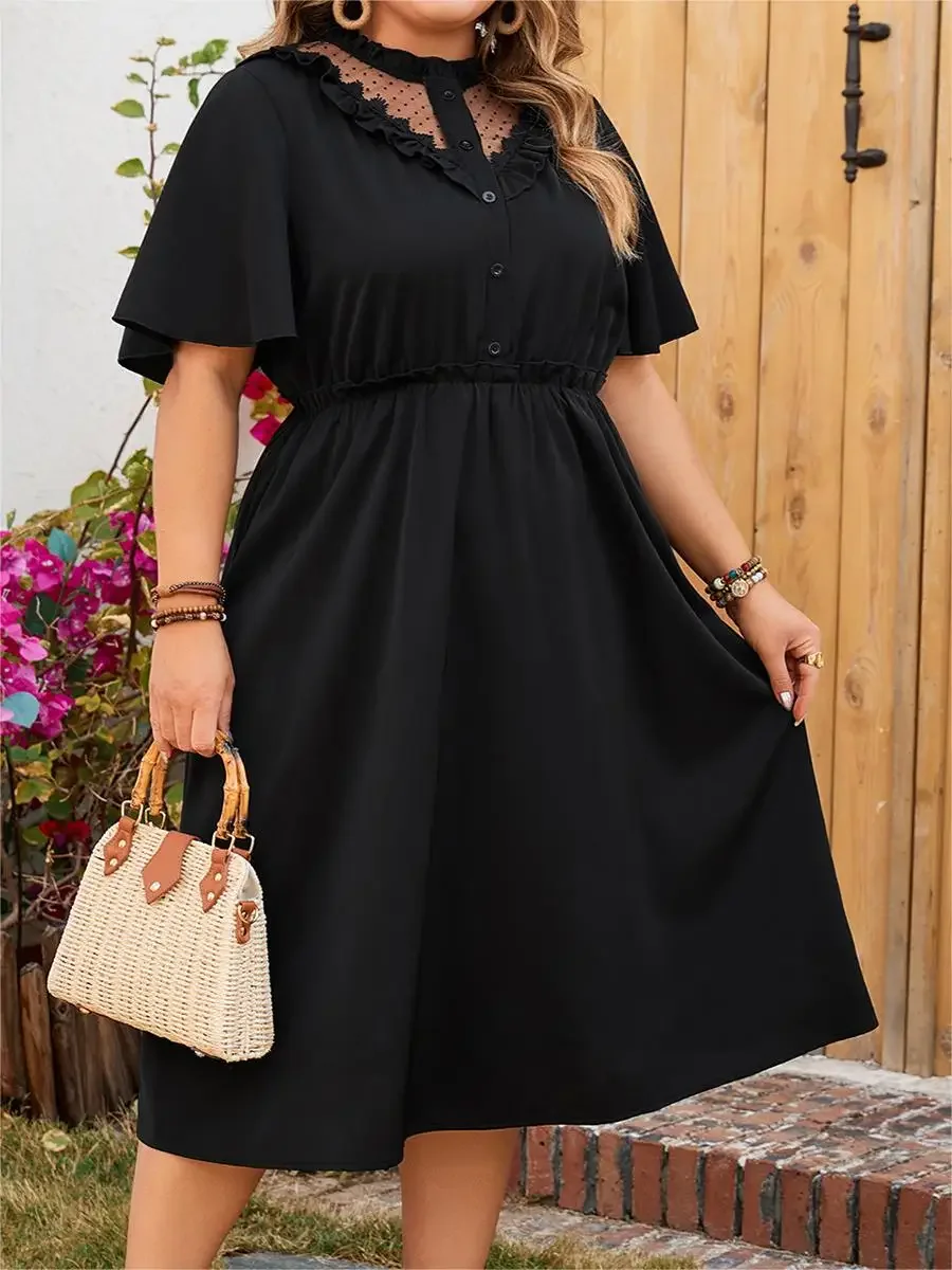 Plus Size Solid Round Neck Women Dresses Short Sleeves A-Line Oversized Robe Lace Front Button Sexy Female Vacation Clothing