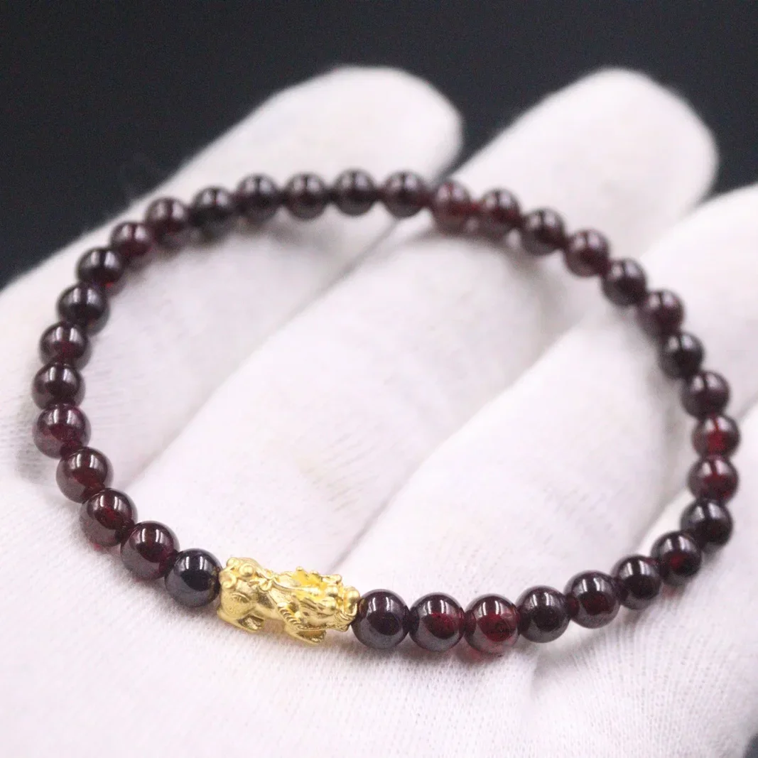 Pure Gold Beacelet For Women 3D Hard Gold Lucky Small Pixiu With Agate Pearl Beads 6mm Real 24K Yellow Gold Bracelet-1pcs