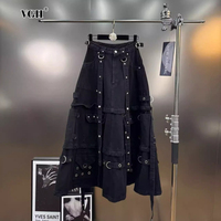 VGH Streetwear Patchwork Rivet Midi Skirt for Women High Waist Spliced Metel Buckle Black Skirts Female Summer Fashion Clothes