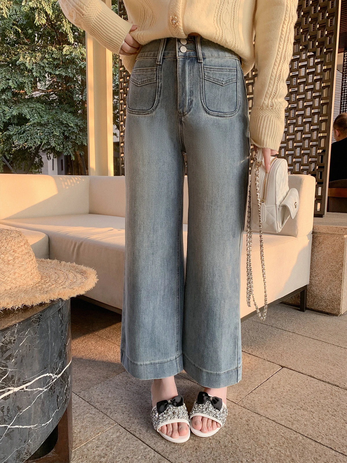 

High Waist Straight Leg Denim Jeans Women's Double Buttoned Spring New Meat Concealing Pants Cotton Stretch Commute Sle