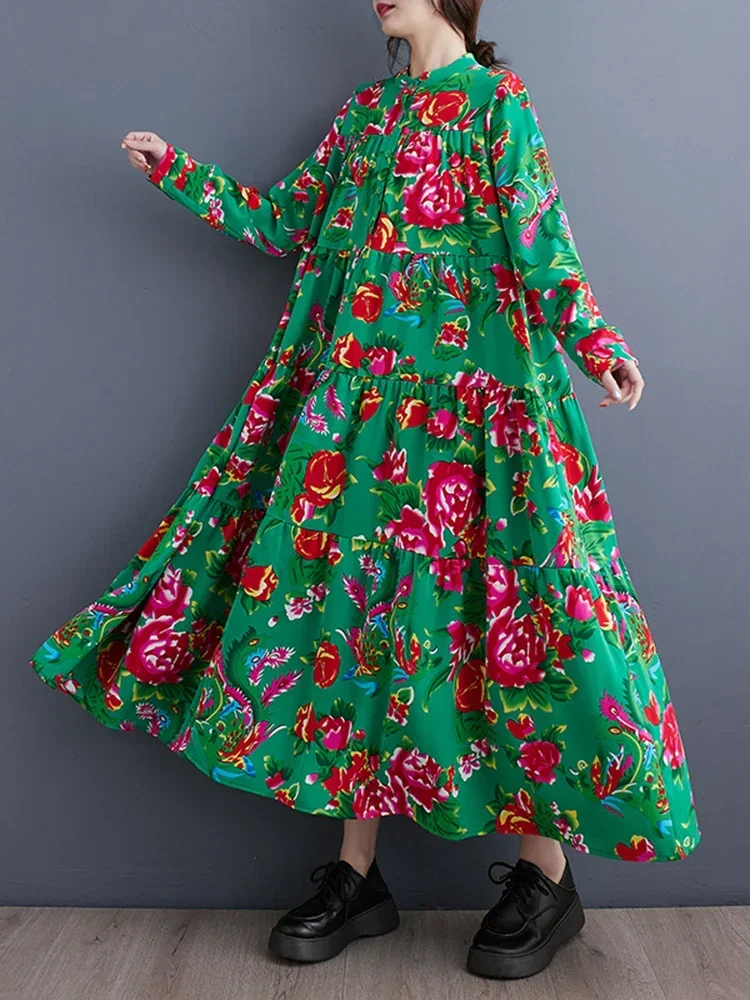 XITAO sukienka z nadrukiem w stylu vintage kontrastowy kolor moda w stylu etnicznym odzież damska z długim rękawem luźna koszula sukienka wiosna nowy HQQ2218