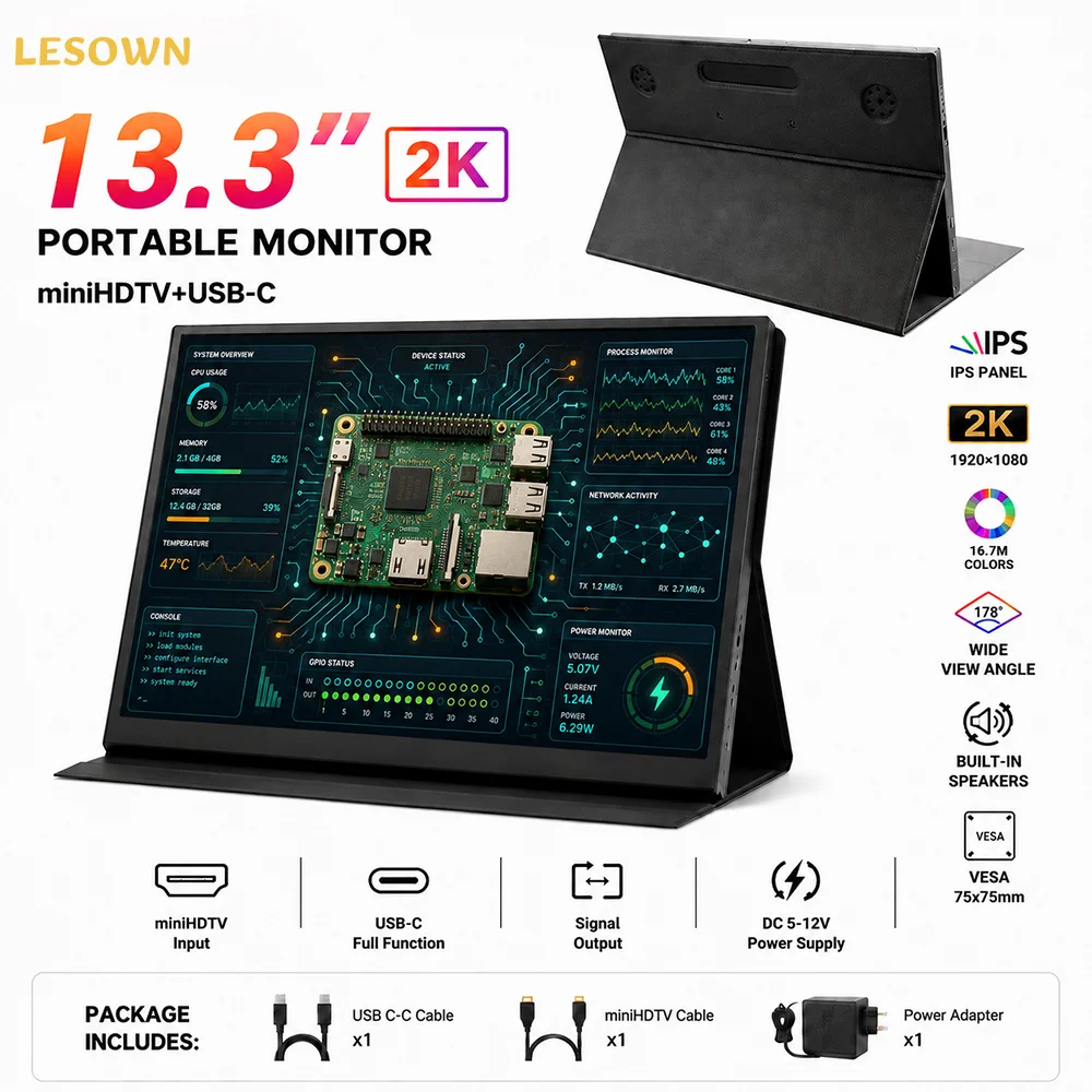 LESOWN 13.3 Inch Dual Display 1920x1080 External Monitor Hassle-free Setup LCD Screen with Speakers for PC