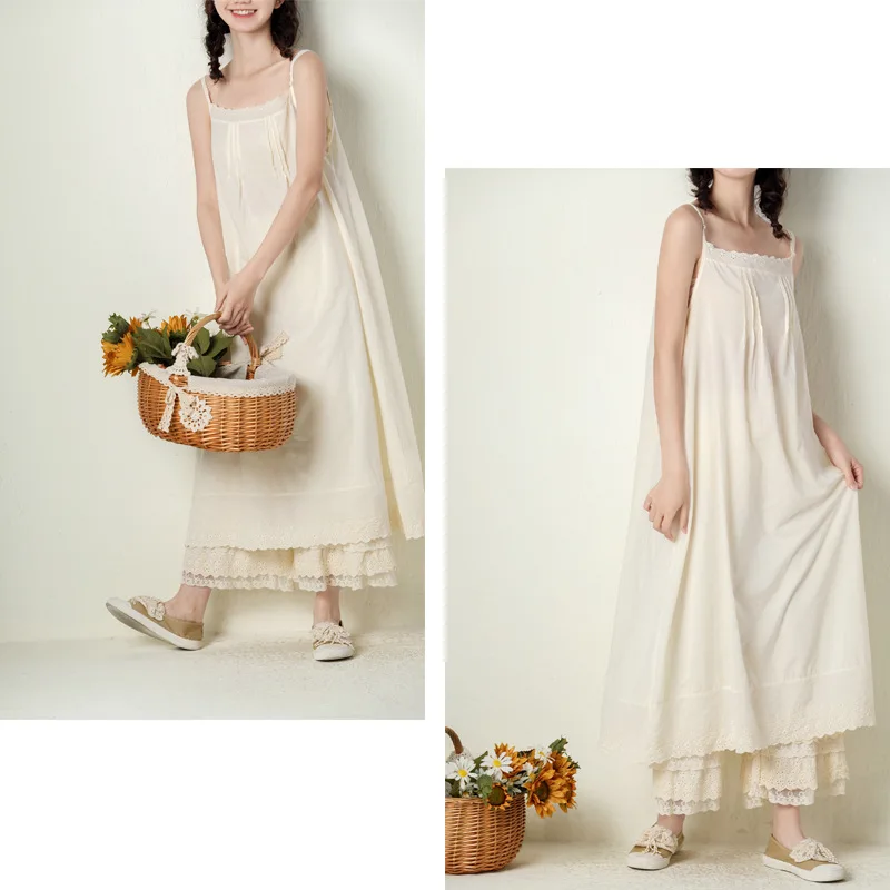 Johnature 2024 Summer New Japanese Casual Spaghetti Strap Thin All Match Dress For Women Solid Color Cotton Female Dresses