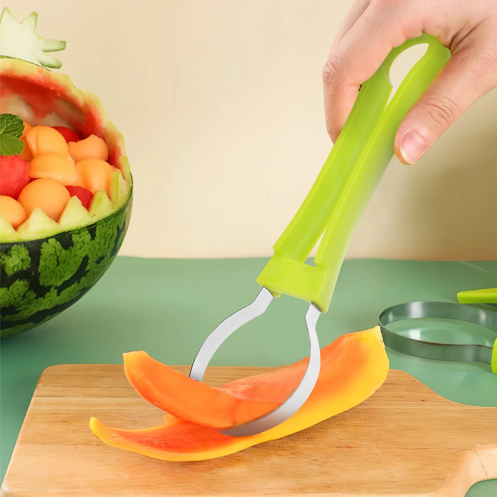 

2Set 3 in 1 Fruit Carving Tool Set Stainless Steel Scooper Peeler Kitchen Watermelon Melon Cantaloupe Fruit Baller Set