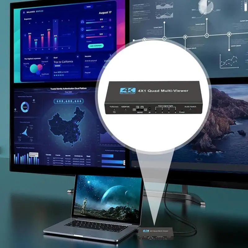 Quad Monitor Quad Screen Switcher 4K Digital Seamless Multi-Display TV Adapter 4-in-1 For Home Conference Room Live Streaming